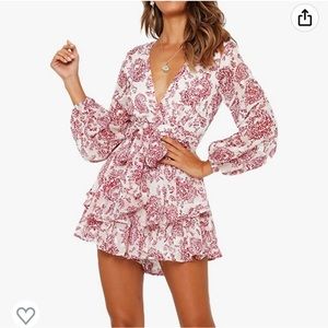 Jumpsuit Floral Print V Neck Sleeve Waist Tie Double Layer Ruffle Hem Romper